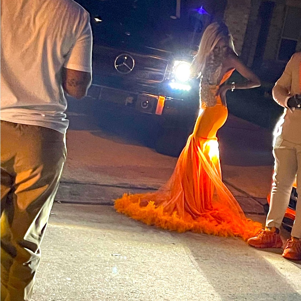 Prom Dress in Orange with layered feathered bothered. Handmade gold appliqué top